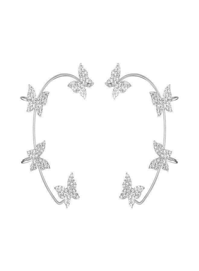 DOLLESS Butterfly Ear Cuffs Earrings Rhinestone Butterfly Ear Wrap No Piercing Ear Cuff Clip On Earrings for Women (Silver) - Image 5